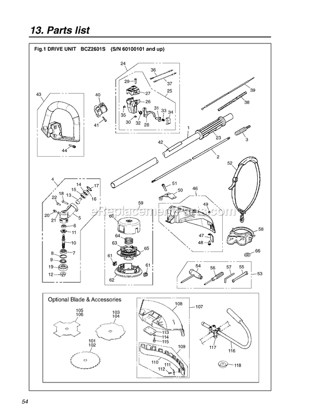 Drive Diagram and Parts List for BCZ2601S 60100101 AND UP RedMax Edger