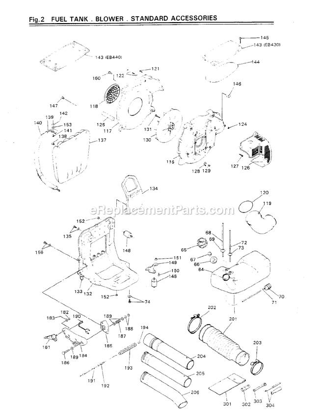 Assembly Diagram and Parts List for EB440 700001 AND UP RedMax Leaf Blower / Vacuum