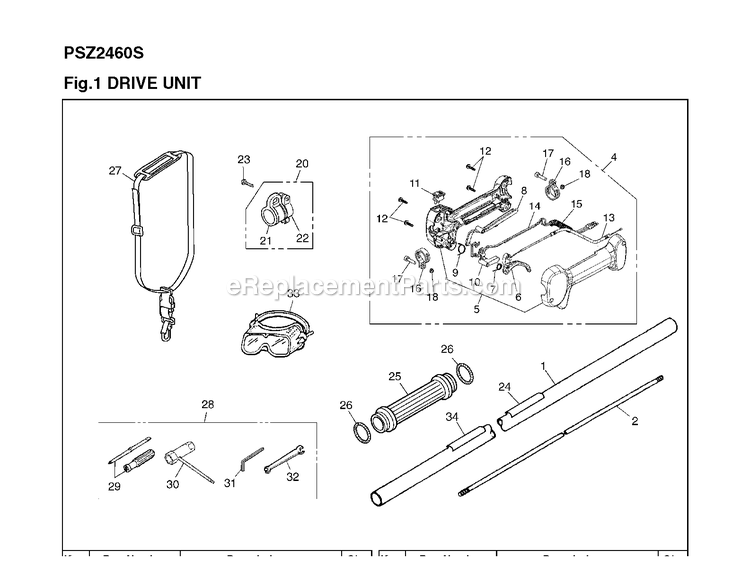 Drive Diagram and Parts List for PSZ2460S 100101 AND UP RedMax Pole Saw