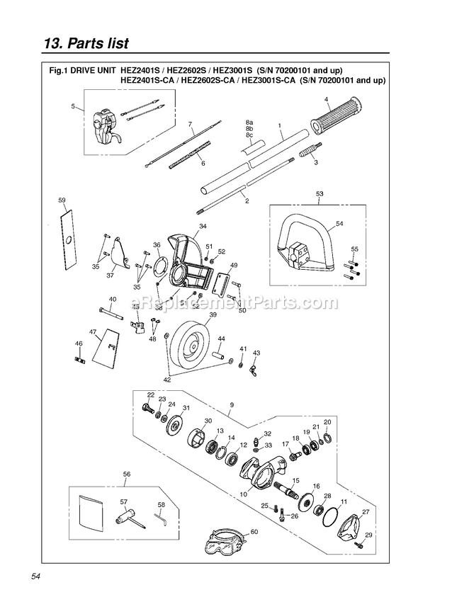 Cutting Equipment Diagram and Parts List for HEZ2602SCA 70200101 AND UP RedMax Edger