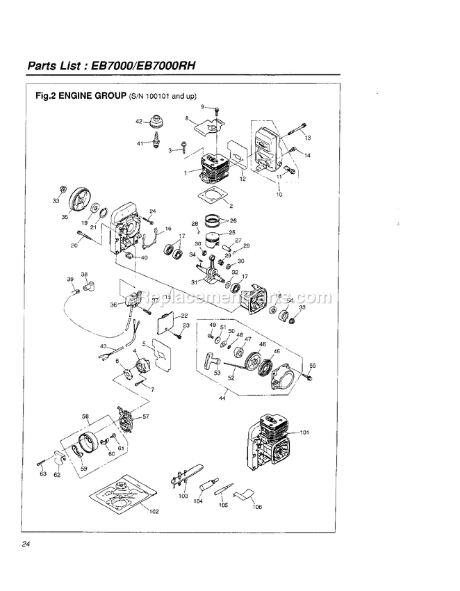 Engine Diagram and Parts List for EB7000 100101 AND UP RedMax Leaf Blower / Vacuum