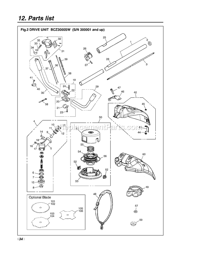Drive Diagram and Parts List for BCZ3000SW 300001 AND UP RedMax Brush Cutter