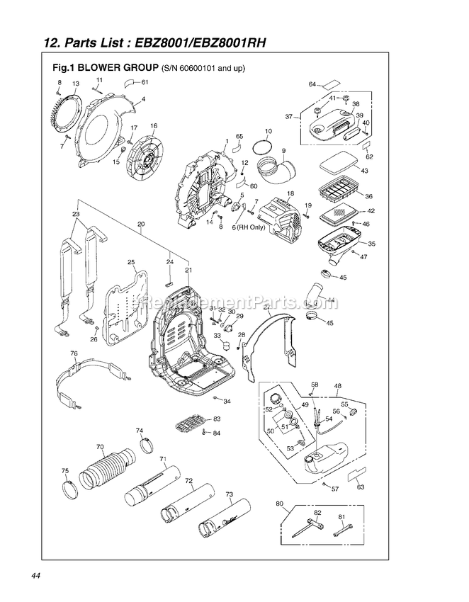 Frame Diagram and Parts List for EBZ8001 60600101 - 61206883 RedMax Leaf Blower / Vacuum