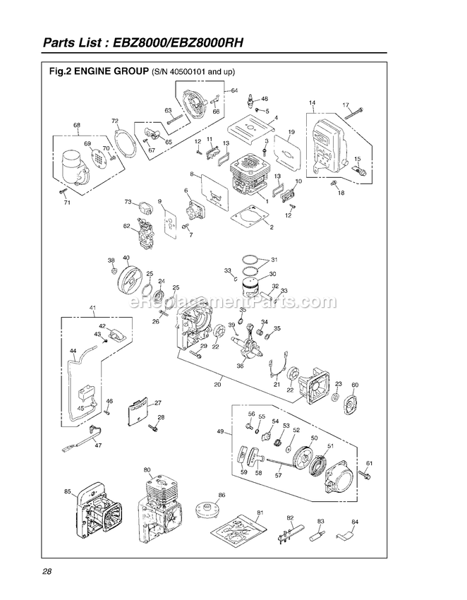 Engine Diagram and Parts List for EBZ8000RH 40500101 - 50099999 RedMax Leaf Blower / Vacuum