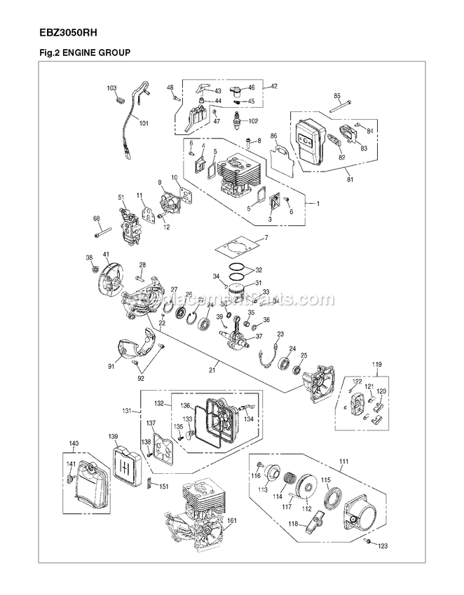 Engine Diagram and Parts List for EBZ3050RH 90100101 AND UP RedMax Leaf Blower / Vacuum