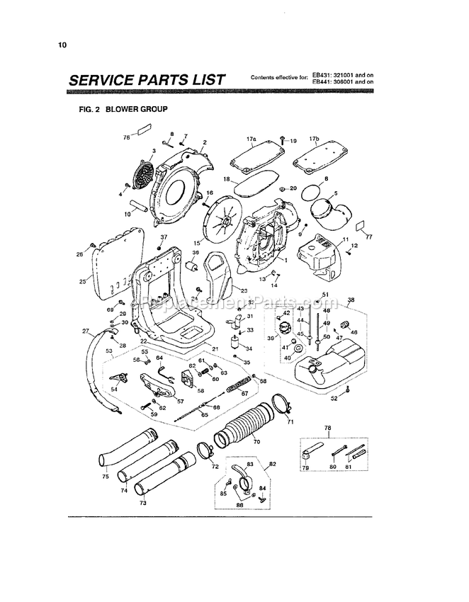 Assembly Diagram and Parts List for EB441 306001 - 410000 RedMax Leaf Blower / Vacuum