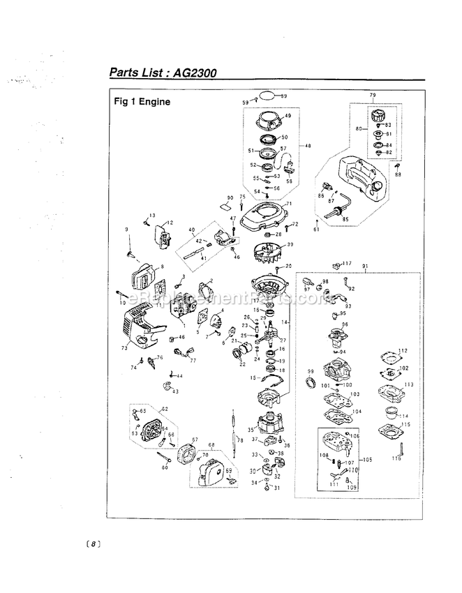 Engine Diagram and Parts List for AG2300 600101 - 660000 RedMax Auger