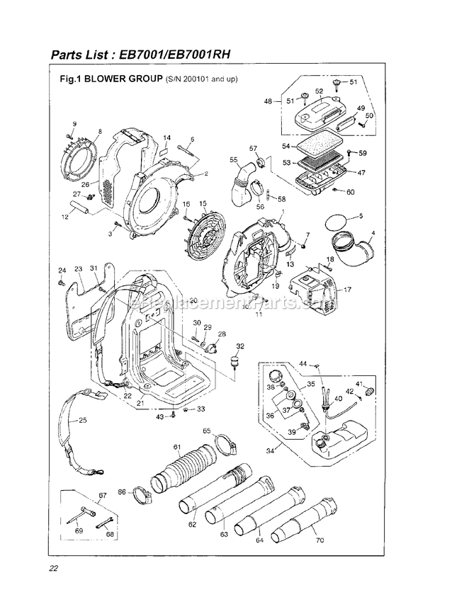 Assembly 1 Diagram and Parts List for EB7001 200101 - 40100100 RedMax Leaf Blower / Vacuum