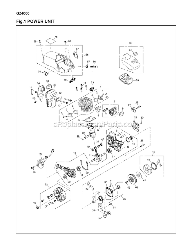 Cylinder Diagram and Parts List for GZ4000 720401 - 60322500 RedMax Chainsaw