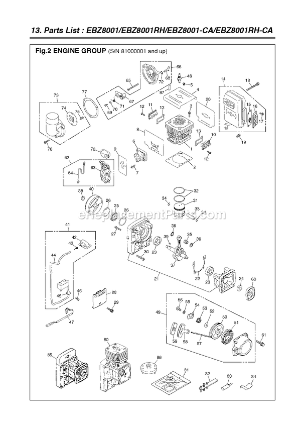 Engine Diagram and Parts List for EBZ8001 81000001 AND UP RedMax Leaf Blower / Vacuum