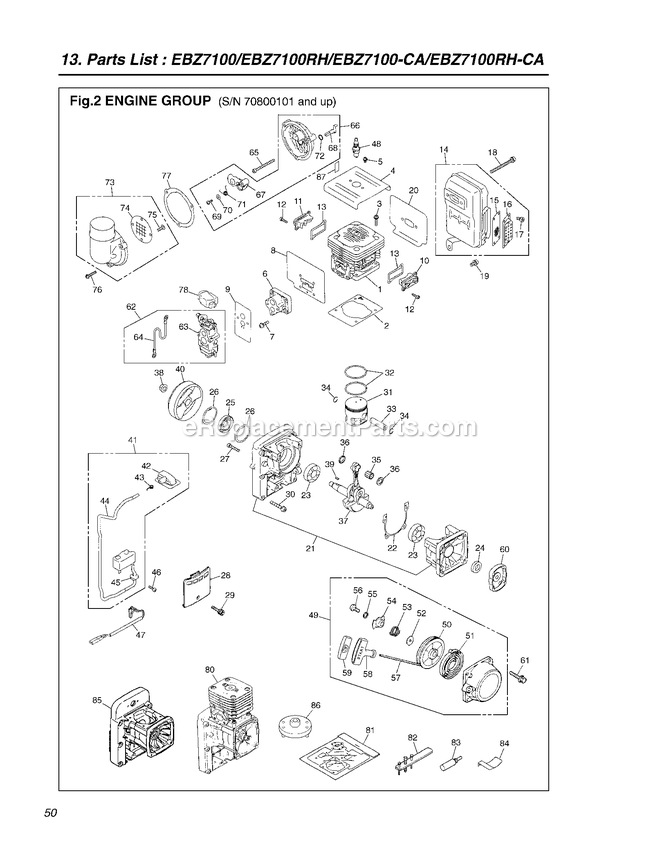 Engine Diagram and Parts List for EBZ7100CA 70800101 AND UP RedMax Leaf Blower / Vacuum