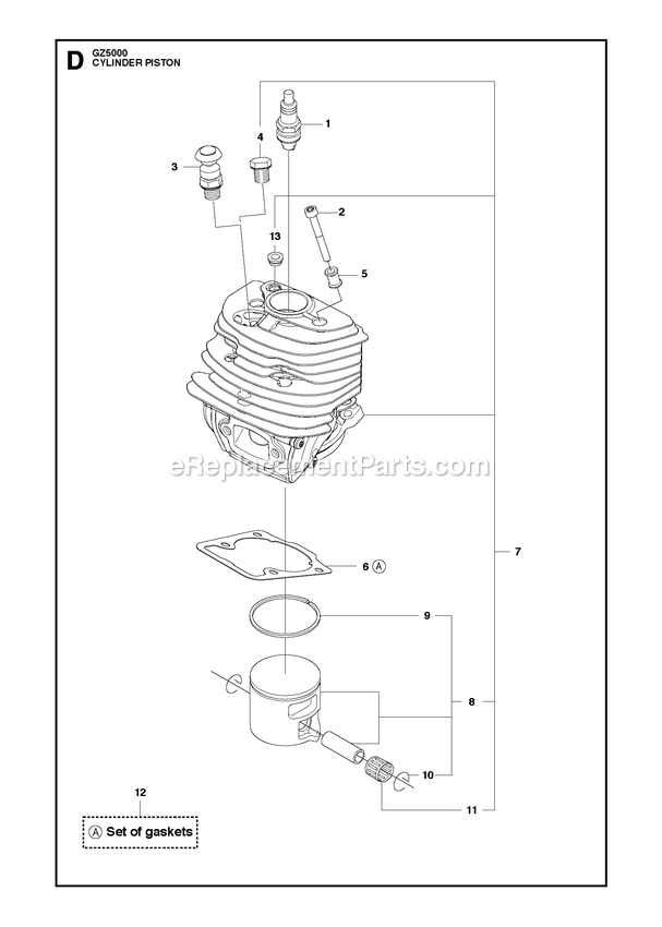 Cylinder Piston Diagram and Parts List for GZ5000  RedMax Chainsaw
