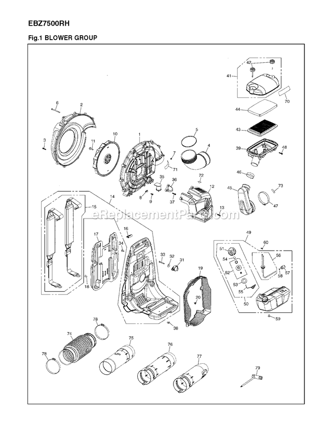 Housing Diagram and Parts List for EBZ7500RH (966709901)(01200101 AND UP) RedMax Leaf Blower / Vacuum