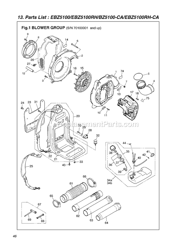Frame Diagram and Parts List for EBZ5100CA 70100001 - 70700000 RedMax Leaf Blower / Vacuum