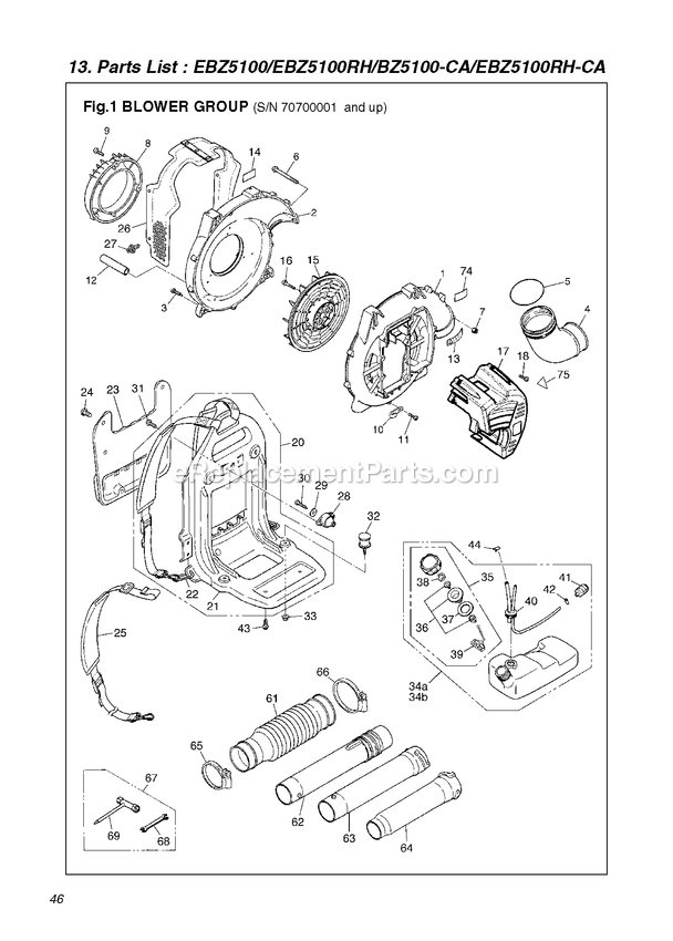 Frame Diagram and Parts List for EBZ5100RHCA 70700001 AND UP RedMax Leaf Blower / Vacuum