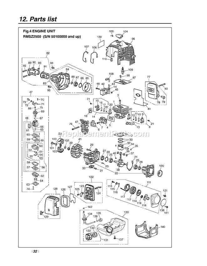 Engine Diagram and Parts List for RMSZ2500 50100000 AND UP RedMax Leaf Blower / Vacuum