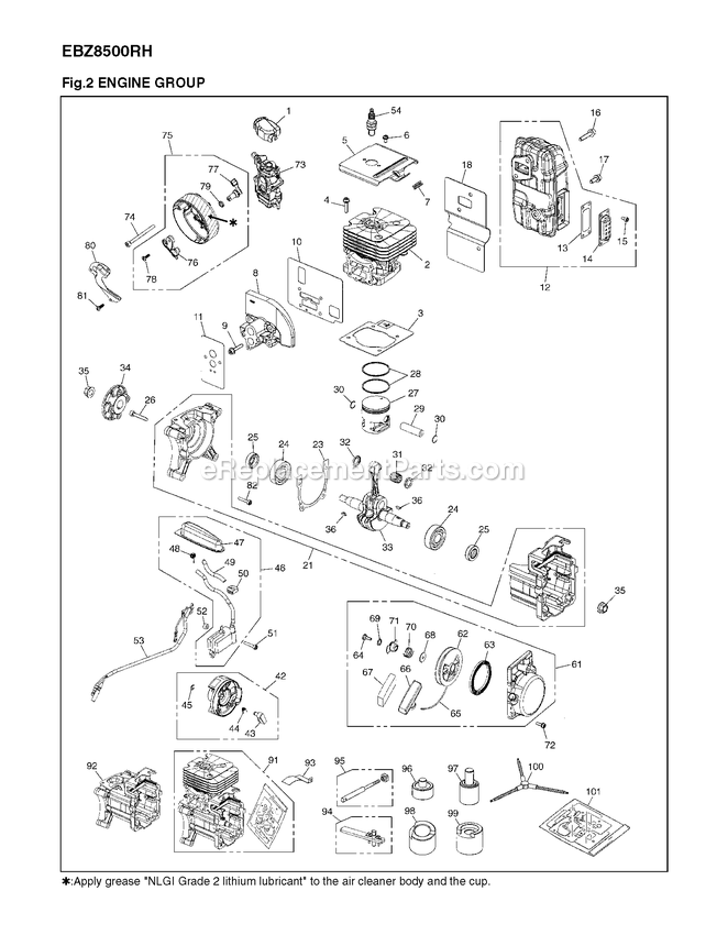 Engine Diagram and Parts List for EBZ8500RH (10200101 AND UP)(2012-08) RedMax Leaf Blower / Vacuum