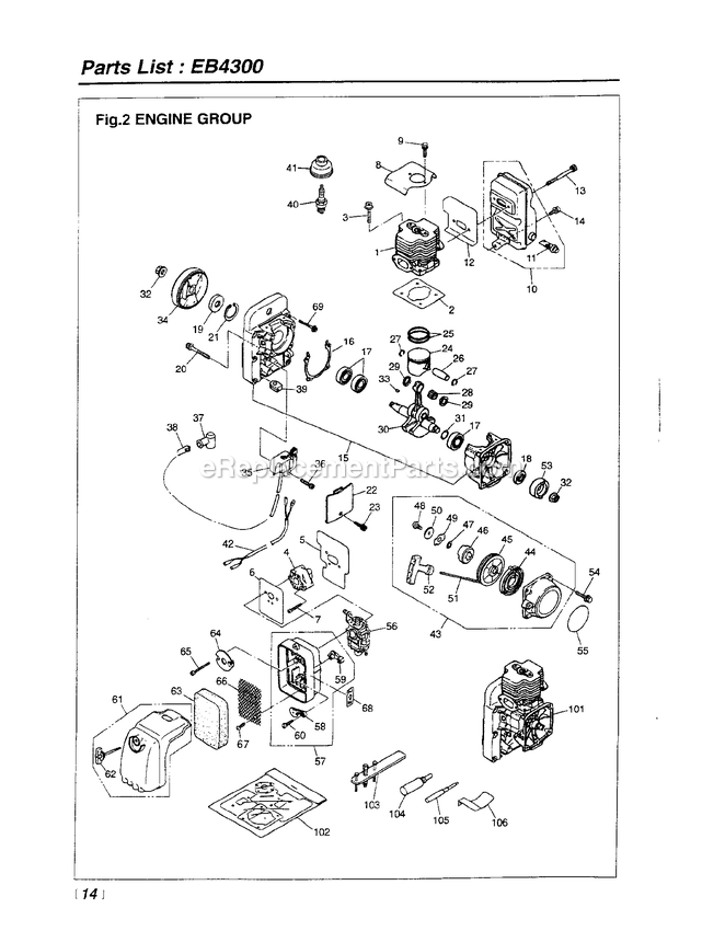 Engine Diagram and Parts List for EB4300 700001 AND UP RedMax Leaf Blower / Vacuum