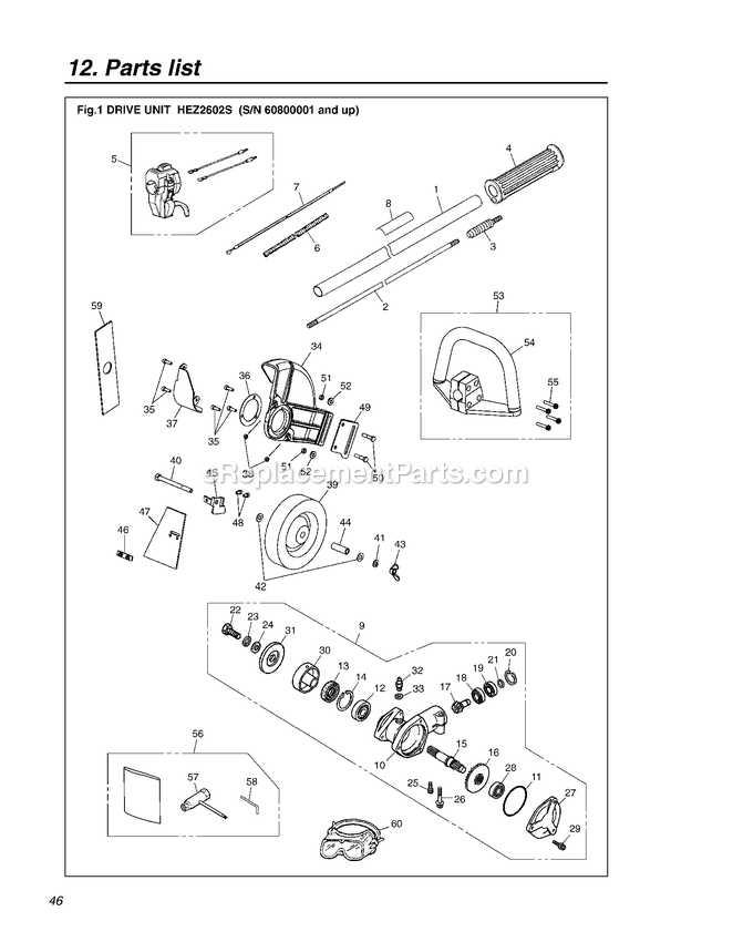 Cutting Equipment Diagram and Parts List for HEZ2602S 60800001 - 70200100 RedMax Edger