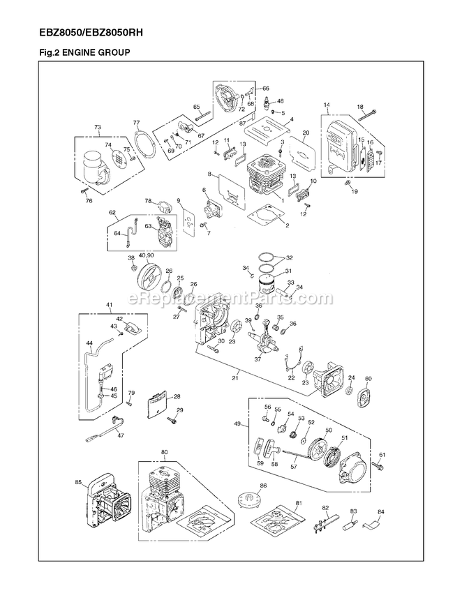 Engine Diagram and Parts List for EBZ8050 (966364001)(90100101 AND UP) RedMax Leaf Blower / Vacuum