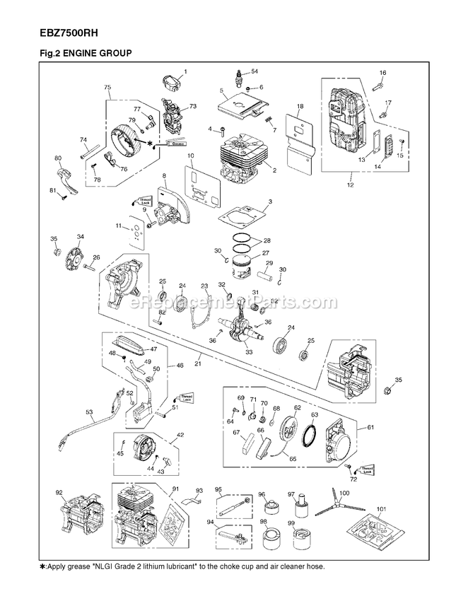 Engine Diagram and Parts List for EBZ7500RH (01200101 AND UP)(2014-04) RedMax Leaf Blower / Vacuum