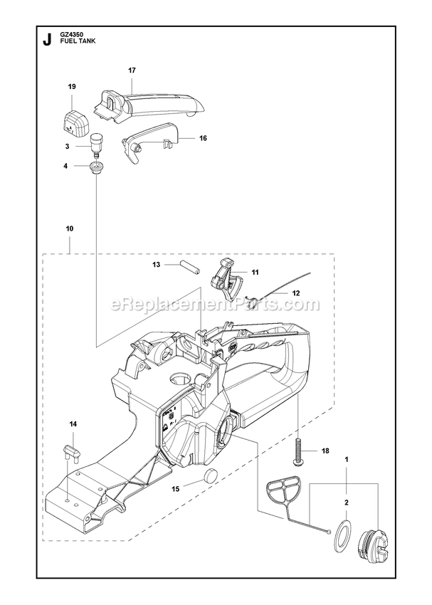 Fuel Tank Diagram and Parts List for GZ4350  RedMax Chainsaw