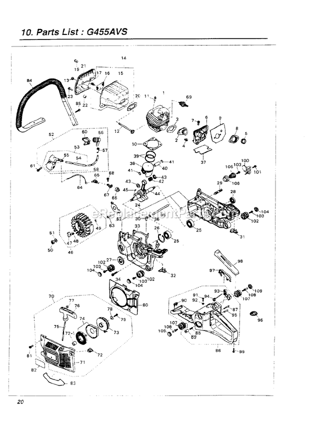 Engine 1 Diagram and Parts List for G455AVS 918747 AND UP RedMax Chainsaw