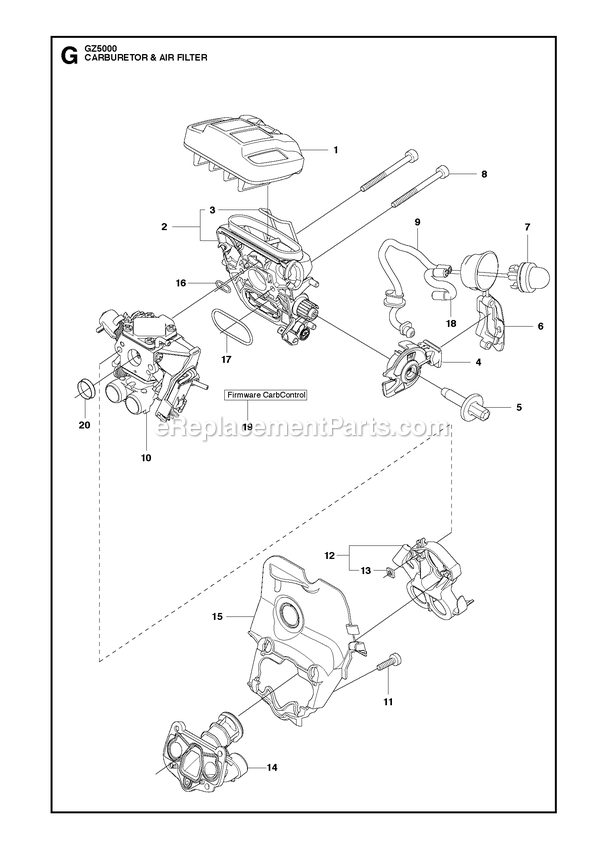 Carburetor And Air Filter Diagram and Parts List for GZ5000  RedMax Chainsaw