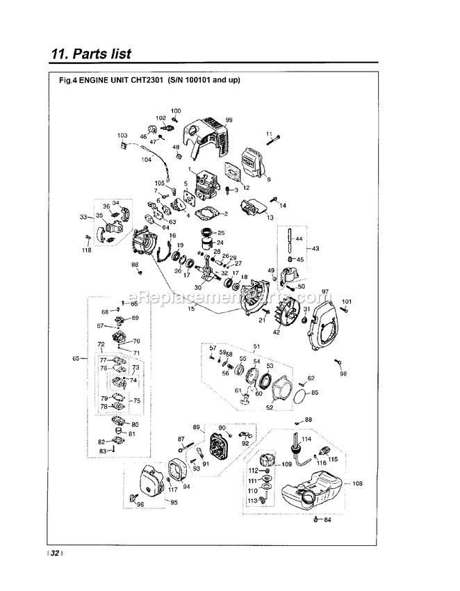 Engine Diagram and Parts List for CHT2301 100101 AND UP RedMax Hedge Trimmer