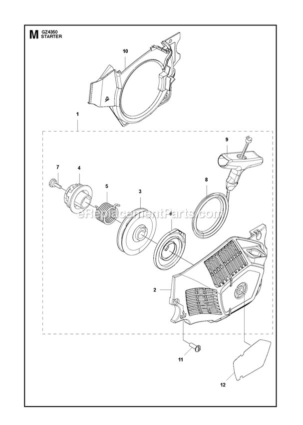 Starter Diagram and Parts List for GZ4350  RedMax Chainsaw