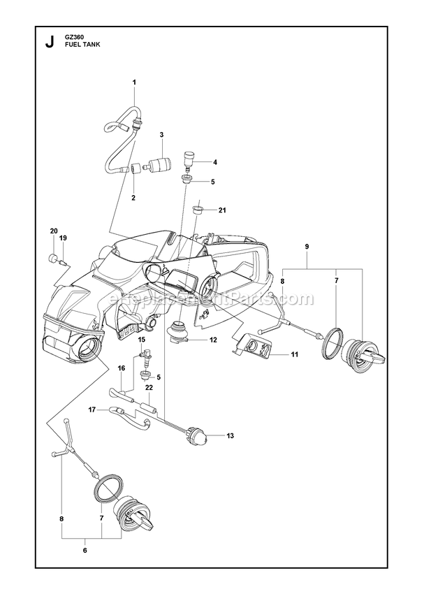 Fuel Tank Diagram and Parts List for GZ360  RedMax Chainsaw