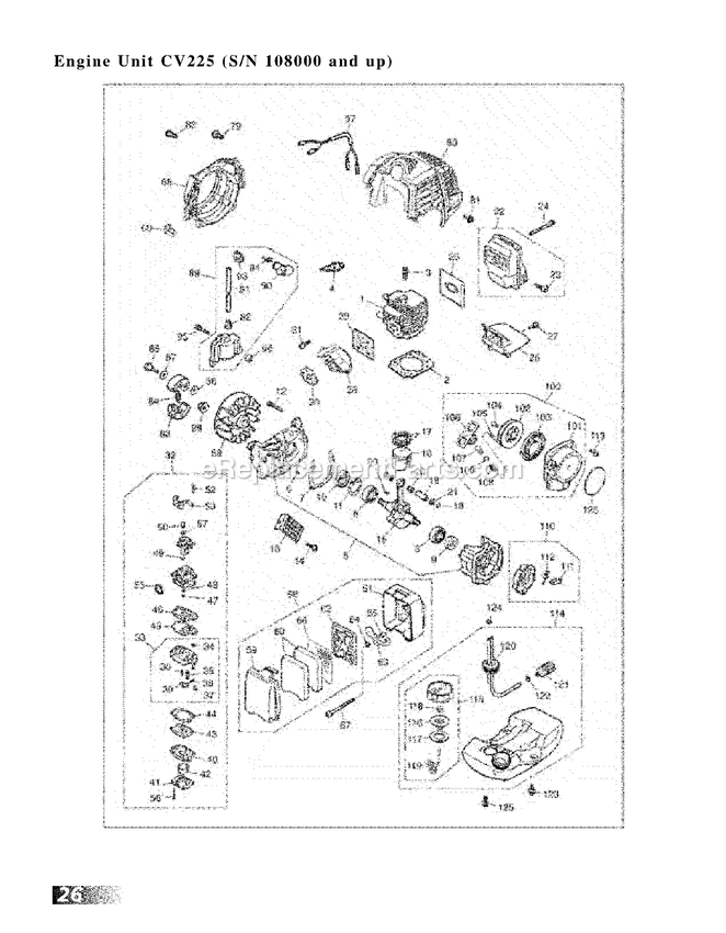 Engine Diagram and Parts List for CV225 108000 AND UP RedMax Lawn Tractor Accessories