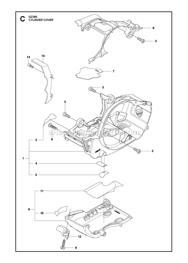 Cylinder Cover Diagram and Parts List for GZ360  RedMax Chainsaw