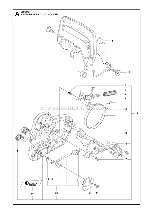 Chain Brake And Clutch Cover Diagram and Parts List for GZ5000  RedMax Chainsaw