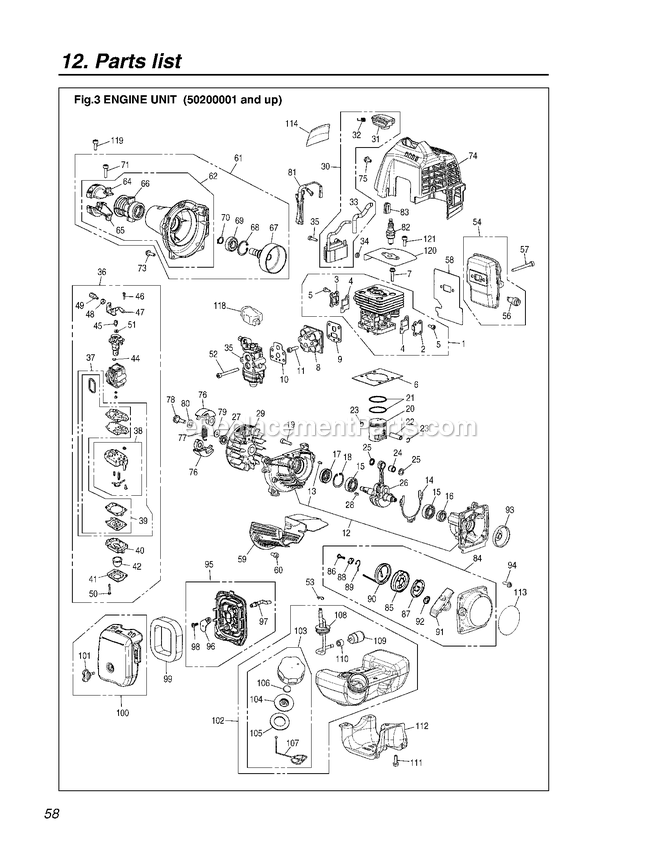 Engine Diagram and Parts List for PSZ2401 50200101 - 60600100 RedMax Pole Saw