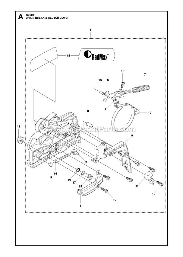 Chain Brake And Clutch Cover Diagram and Parts List for GZ500  RedMax Chainsaw