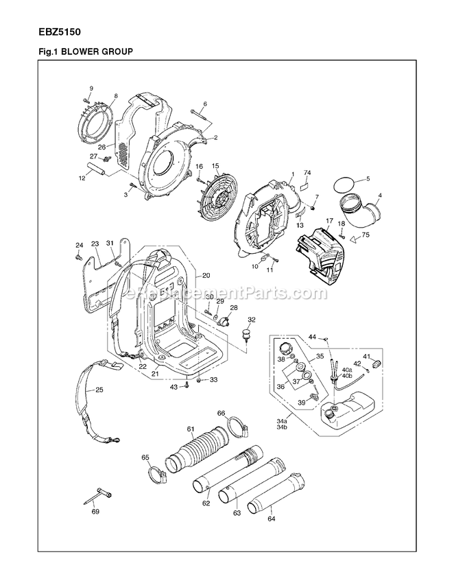Housing Diagram and Parts List for EBZ5150 (966358301)(90100101 AND UP)(2012-08) RedMax Leaf Blower / Vacuum