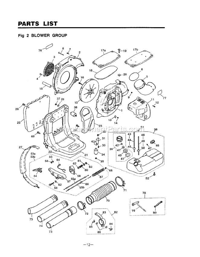 Assembly Diagram and Parts List for EB441 600000 AND UP RedMax Leaf Blower / Vacuum