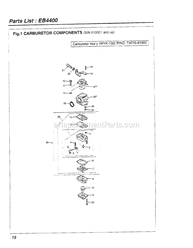 Carburetor Diagram and Parts List for EB4400 010001 AND UP RedMax Leaf Blower / Vacuum
