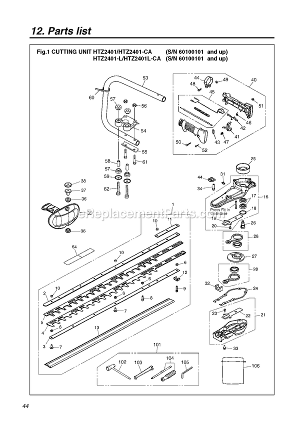 Cutting Equipment Diagram and Parts List for HTZ2401CA 60100000 AND UP RedMax Hedge Trimmer