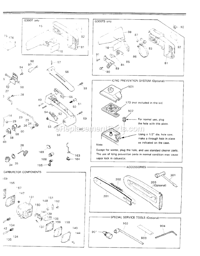 Handle And Controls Diagram and Parts List for G300T 000001 AND UP RedMax Chainsaw