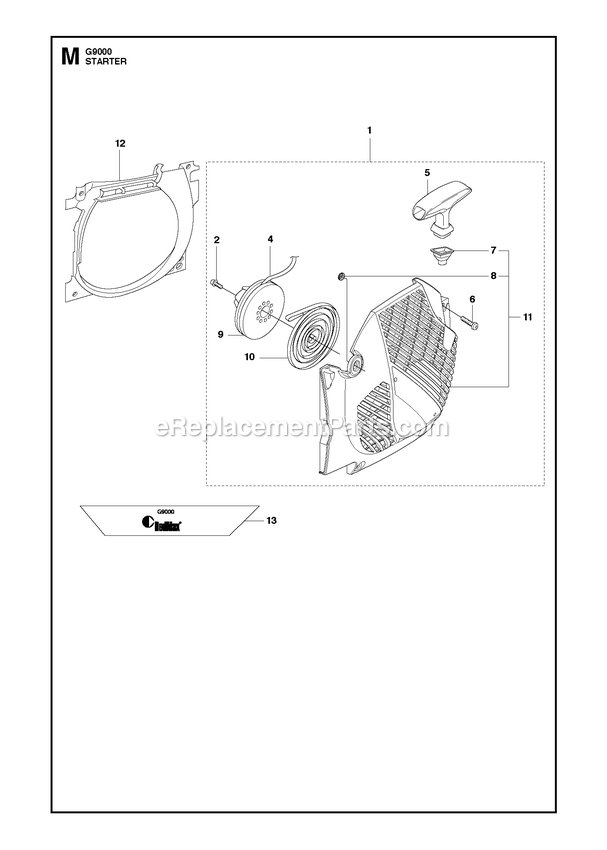 Starter Diagram and Parts List for G9000  RedMax Chainsaw
