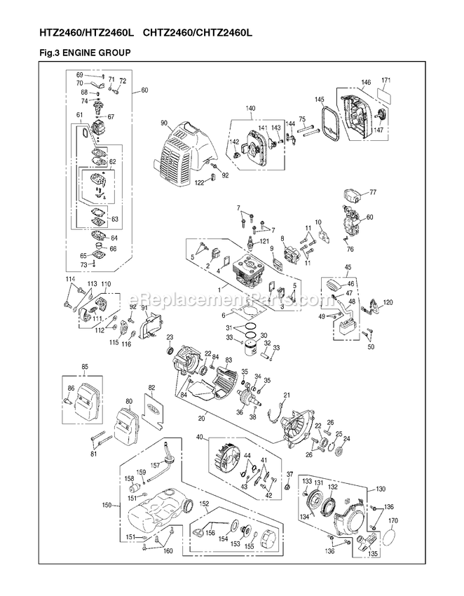 Engine Diagram and Parts List for CHTZ2460 00100101 AND UP RedMax Hedge Trimmer