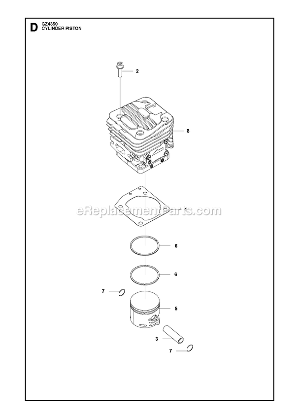 Cylinder Piston Diagram and Parts List for GZ4350  RedMax Chainsaw