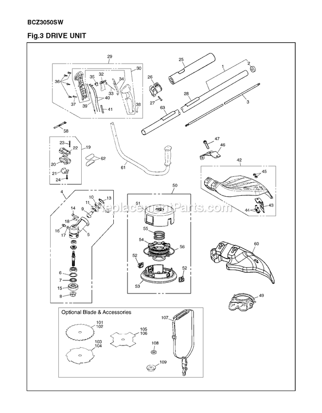 Drive Diagram and Parts List for BCZ3050SW 91000101 AND UP RedMax Brush Cutter