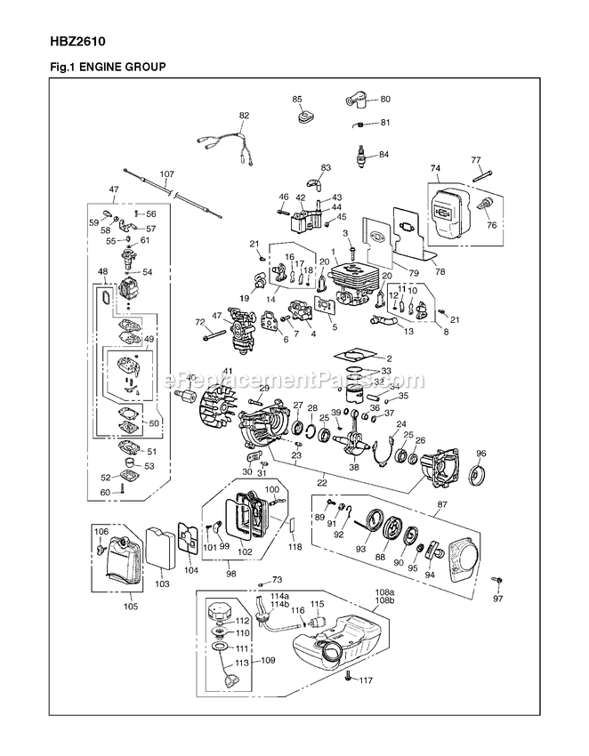 Engine Diagram and Parts List for HBZ2610 (90100101 AND UP)(2012-08) RedMax Leaf Blower / Vacuum