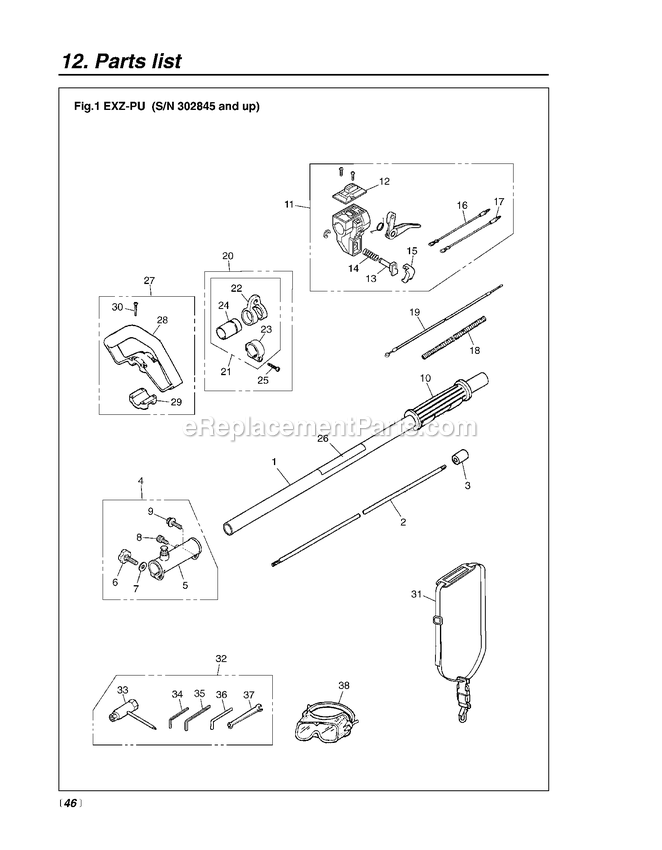 Shaft Diagram and Parts List for EXZ2500S 50100000 AND UP RedMax Edger