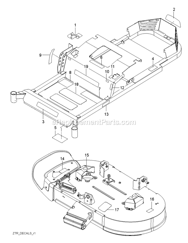 Decals Diagram and Parts List for RZT42 (96767190101)(2020-08) RedMax Lawn Tractor