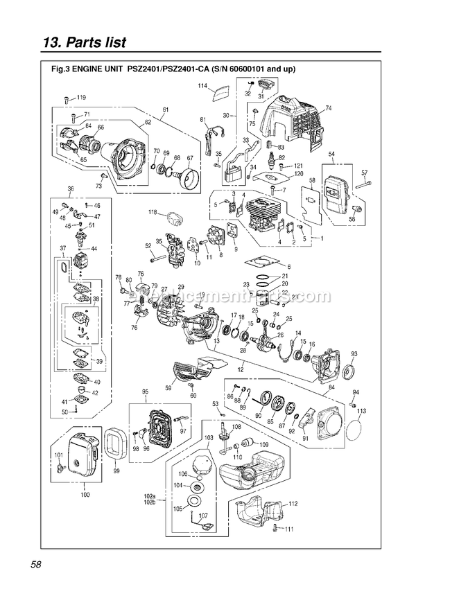 Engine Diagram and Parts List for PSZ2401CA 60600101 AND UP RedMax Pole Saw