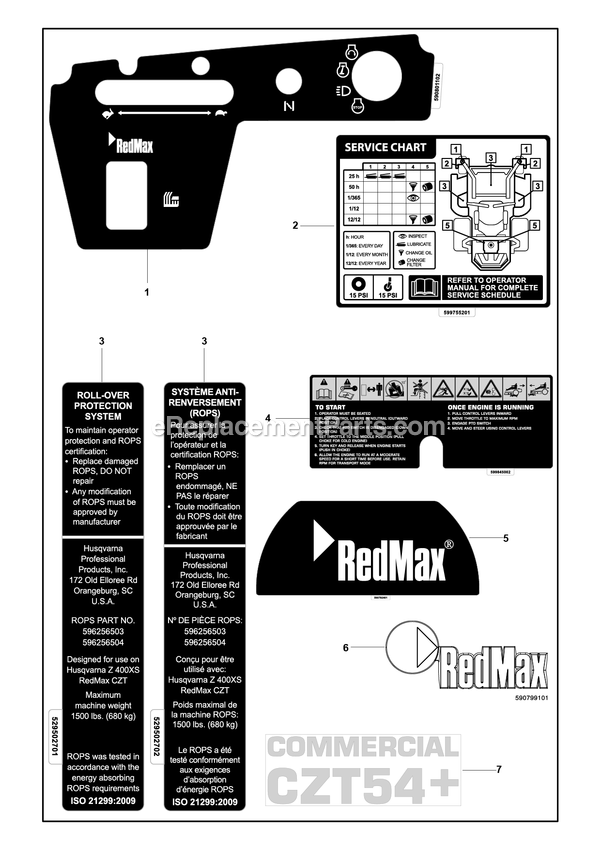 Decals 2 Diagram and Parts List for CZT54+ (97049800100)(2020-12) RedMax Lawn Tractor